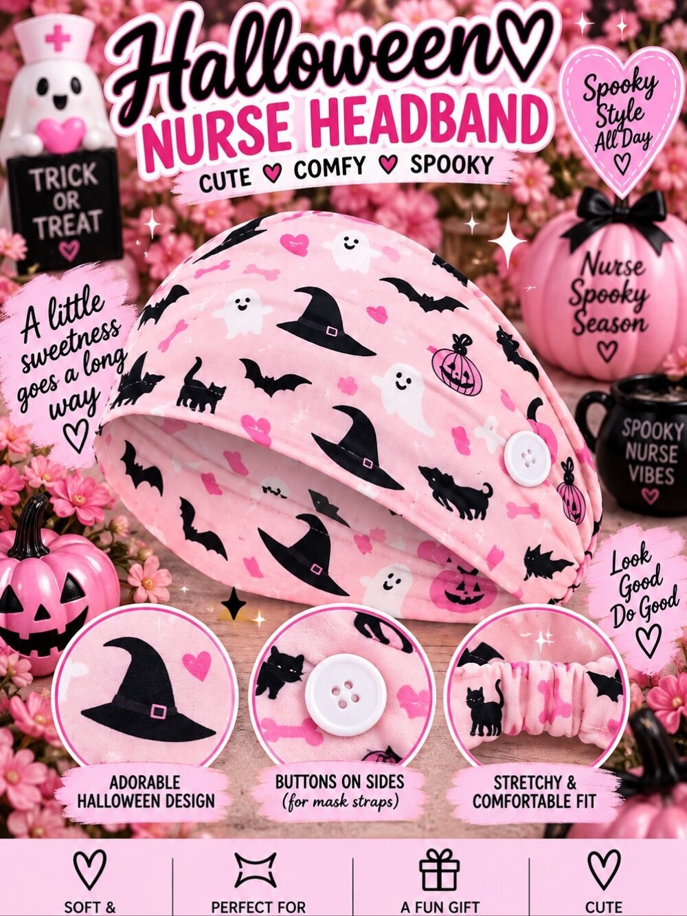 Pink Halloween Headband with Buttons!!